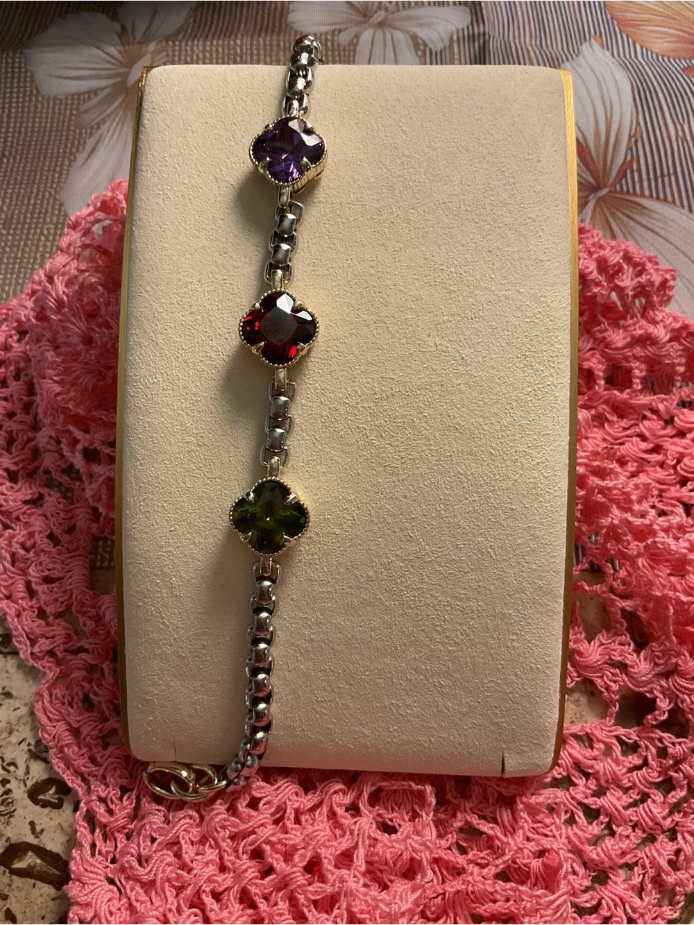 Silver Multi-Gem Clover Link Bracelet with Purple, Red and Green Stones